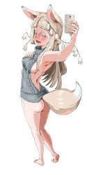Rule 34 | 1girl, animal ears, aran sweater, ass, back, backless dress, backless outfit, bad id, bad pixiv id, bare back, bare shoulders, barefoot, braid, breasts, brown eyes, brown hair, cable knit, camera phone, cellphone, colored eyelashes, dress, era (erasion), fang, female focus, fingernails, flower, fox ears, fox tail, from behind, full body, grey dress, grey sweater, hair flower, hair ornament, halterneck, hand on breast, hand up, highres, long hair, looking at viewer, looking back, meme attire, naked sweater, no bra, no panties, open mouth, original, phone, ribbed sweater, selfie, sideboob, simple background, small breasts, smartphone, smile, solo, sweater, sweater dress, tail, taking picture, toenails, turtleneck, turtleneck sweater, virgin killer sweater, white background