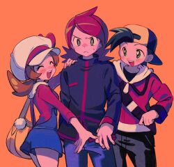Rule 34 | 1girl, 2boys, :d, backwards hat, baseball cap, black hair, black shirt, blue overalls, blush, brown hair, cabbie hat, closed eyes, closed mouth, cowlick, creatures (company), ethan (pokemon), game freak, grey eyes, hand on another&#039;s shoulder, hat, highres, jacket, long hair, lyra (pokemon), multiple boys, nintendo, ok ko19, open mouth, orange background, overalls, pants, pokemon, pokemon hgss, red hair, shirt, short hair, silver (pokemon), smile, teeth, twintails, upper teeth only, white headwear, yellow bag, zipper pull tab