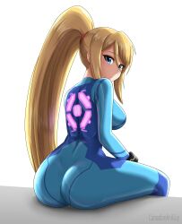 1girl absurdres artist_name ass blonde_hair blue_bodysuit blue_eyes bodysuit canadiananiguy commentary highres long_hair looking_at_viewer metroid nintendo ponytail samus_aran simple_background sitting skin_tight solo symbol-only_commentary zero_suit