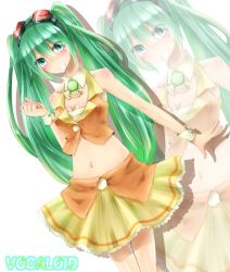 Rule 34 | 1girl, bad id, bad pixiv id, blush, cosplay, goggles, goggles on head, green eyes, green hair, gumi, gumi (cosplay), hatsune miku, long hair, matching hair/eyes, midriff, navel, red-tinted eyewear, simple background, skirt, solo, tinted eyewear, twintails, uruha (yw1109), vocaloid, white background, wrist cuffs, zoom layer