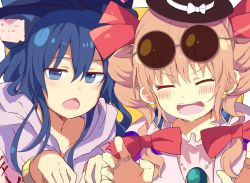 Rule 34 | 2girls, bad id, bad pixiv id, black headwear, blue bow, blue eyes, blue hair, blush, bow, bracelet, brown hair, chestnut mouth, claw pose, debt, drill hair, earrings, closed eyes, eyewear on head, ghost pose, grey hoodie, hair bow, hands up, hat, hood, hoodie, jewelry, jitome, long hair, looking at viewer, multiple girls, open mouth, pendant, pink shirt, red bow, ring, shirt, siblings, sisters, sunglasses, to-den (v-rinmiku), top hat, touhou, twin drills, upper body, yellow background, yorigami jo&#039;on, yorigami shion