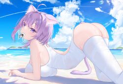 Rule 34 | 1girl, absurdres, ahoge, all fours, alternate costume, animal ear fluff, animal ears, arched back, ass, blue hair, blue sky, blush, breast press, breasts, cat ears, cat girl, cat tail, cloud, colored inner hair, commentary request, covered navel, fang, highres, hololive, large breasts, looking at viewer, medium hair, mouth hold, multicolored hair, nekomata okayu, one-piece swimsuit, onigirya (nekomata okayu), outdoors, purple eyes, purple hair, red o7, skin fang, sky, smile, swimsuit, tail, thighhighs, virtual youtuber, water, white one-piece swimsuit, white thighhighs