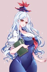 Rule 34 | 1girl, absurdres, blue dress, blue hair, blue hat, book, breasts, brown background, cleavage, collarbone, covered navel, cowboy shot, dress, fingernails, groin, hat, highres, holding, holding book, kamishirasawa keine, large breasts, long hair, looking at viewer, open mouth, puffy short sleeves, puffy sleeves, raptor7, red eyes, short sleeves, simple background, solo, tokin hat, touhou