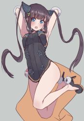 Rule 34 | 1girl, armpits, arms behind head, arms up, black dress, black footwear, black hair, blue eyes, blush, breasts, commentary request, dress, fate/grand order, fate (series), full body, grey background, hair rings, high heels, kopaka (karda nui), long hair, medium breasts, shoes, simple background, solo, twintails, very long hair, yang guifei (fate), yang guifei (second ascension) (fate)