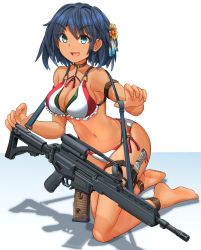 Rule 34 | 1girl, ankle strap, arm strap, assault rifle, barefoot, bikini, black choker, blue eyes, blue hakama, bob cut, breasts, carrying, choker, cleavage, combat knife, commentary request, flower, fx-05 xiuhcoatl, gun, hair flower, hair ornament, hakama, highres, japanese clothes, kneeling, knife, looking at viewer, medium breasts, mikeran (mikelan), navel, o-ring, o-ring bikini, open mouth, original, rifle, scope, shadow, short hair, smile, solo, swimsuit, tan, thigh strap, weapon, white background, white bikini