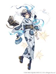 Rule 34 | 1girl, :o, alice (sinoalice), blue gloves, blue hair, blue legwear, book, flip-flops, floating, full body, gloves, hair between eyes, hand fan, headband, holding, holding fan, japanese clothes, ji no, kimono, long sleeves, looking at viewer, mask, official art, open mouth, rabbit, red eyes, sandals, short hair, simple background, sinoalice, smoke, solo, white background, white kimono, zouri