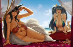 Rule 34 | 2girls, ahri (league of legends), bangle, beach, bikini, black hair, bracelet, breasts, cleavage, curtains, day, eu03, huge breasts, jewelry, league of legends, lips, long hair, micro bikini, multiple girls, nail polish, navel, smile, sona (league of legends), stitched, swimsuit, third-party edit, yellow eyes