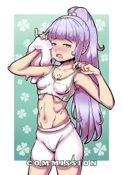 Rule 34 | 1girl, arm up, blunt bangs, blush, border, breasts, clover print, collarbone, commentary, commission, curryta-art, dripping, english commentary, exhausted, eyelashes, flower, hair flower, hair ornament, highres, holding, holding towel, jewelry, light purple hair, long hair, looking at viewer, navel, new game!, open mouth, ponytail, pov, purple eyes, purple hair, ribs, ring, shorts, small breasts, sports bra, sportswear, stomach, strap pull, suzukaze aoba, sweat, towel, watermark, white border, workout clothes