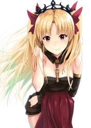 Rule 34 | 1girl, absurdres, asymmetrical sleeves, between breasts, black choker, black leotard, black sleeves, blonde hair, bow, breasts, choker, cleavage, closed mouth, detached sleeves, diadem, earrings, ereshkigal (fate), fate/grand order, fate (series), floating hair, gradient hair, hair bow, hand in own hair, highres, holding, jewelry, k3rd, leaning forward, leotard, long hair, looking at viewer, multicolored hair, red bow, red eyes, simple background, single sleeve, small breasts, smile, solo, standing, strapless, strapless leotard, twintails, uneven sleeves, very long hair, white background