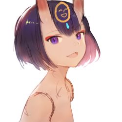 Rule 34 | 1girl, :d, commentary request, eyeshadow, fang, fate/grand order, fate (series), from side, headpiece, horns, looking at viewer, looking to the side, makeup, nude, oni, open mouth, purple eyes, purple hair, short hair, shuten douji (fate), simple background, sketch, skin-covered horns, smile, smiley face, solo, sookmo, upper body, white background