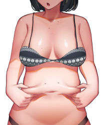 Rule 34 | 1girl, absurdres, belly, belly grab, black hair, bra, breasts, commentary request, head out of frame, highres, large breasts, medium hair, mmmmmkun, mole, mole on breast, mole on stomach, navel, open mouth, original, pareidolia, pinching, plump, simple background, solo, stomach, underwear, upper body, white background