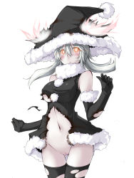 Rule 34 | 10s, 1girl, abyssal ship, alternate costume, black gloves, black santa costume, black thighhighs, blush, breasts, censored, elbow gloves, gloves, hat, kaminagi (kaminagi-tei), kantai collection, large breasts, long hair, no panties, pale skin, pussy, santa costume, santa hat, silver hair, simple background, solo, thighhighs, torn clothes, white background, wo-class aircraft carrier, yellow eyes