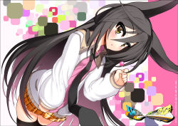 Rule 34 | 1girl, animal ears, black hair, black necktie, black thighhighs, blush, candy, char, food, jacket, lollipop, long hair, looking at viewer, necktie, necro-san, open mouth, original, revision, skirt, solo, thighhighs, yellow eyes, zettai ryouiki