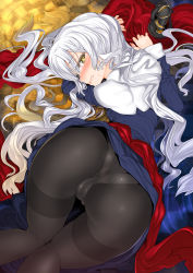 Rule 34 | 1girl, ass, black pantyhose, blush, caren hortensia, char, clenched teeth, clothes lift, dress, dress lift, fate/hollow ataraxia, fate/stay night, fate (series), hat, highres, long hair, looking back, panties, panties under pantyhose, pantyhose, silver hair, solo, sweatdrop, tears, teeth, thighband pantyhose, underwear, white panties, yellow eyes
