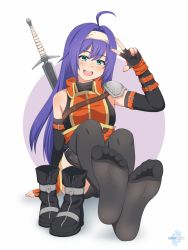 Rule 34 | 1girl, blue hair, blush, boots, feet, fire emblem, foot focus, green eyes, hairband, highres, long hair, lululewd, mia (fire emblem), nintendo, open mouth, soles, solo, sword, teeth, thighhighs, toes, v, weapon