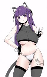 Rule 34 | 1girl, alternate costume, animal ears, artist name, bikini, bikini bottom only, black gloves, black ribbon, black thighhighs, blunt bangs, blush, breasts, cat ears, cat tail, closed mouth, commentary, contrapposto, cowboy shot, crop top, english commentary, fake animal ears, fake tail, fern (sousou no frieren), fingerless gloves, gloves, hair ribbon, hand on own hip, large breasts, long hair, looking at viewer, navel, pom pom (clothes), purple eyes, purple hair, relaxjon, ribbon, sidelocks, signature, simple background, skindentation, smile, solo, sousou no frieren, standing, stomach, straight hair, swimsuit, tail, thighhighs, underboob, v, white background, white bikini