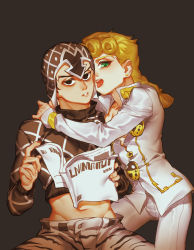 Rule 34 | 2boys, alternate color, black hair, blonde hair, braid, giorno giovanna, green eyes, guido mista, highres, iroha741852963, jojo no kimyou na bouken, looking at viewer, male focus, multiple boys, muted color, newspaper, palette swap, reading, tongue, tongue out, turtleneck, vento aureo