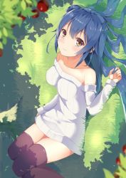 Rule 34 | 1girl, bare shoulders, blue hair, blurry, breasts, brown eyes, brown thighhighs, collarbone, dappled sunlight, day, depth of field, dress, from side, grass, hatsu (first snow), highres, knees up, long hair, long sleeves, looking at viewer, lying, medium breasts, off shoulder, on back, on ground, original, outdoors, sideways, smile, solo, sunlight, sweater, sweater dress, thighhighs, tree, tree shade, white dress, zettai ryouiki