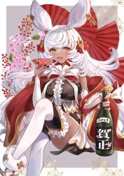Rule 34 | 1girl, animal ears, bottle, bow, bowtie, breasts, coat partially removed, cup, dark skin, drinking, flower, frilled thighhighs, frills, granblue fantasy, grey hair, highres, holding, holding cup, large breasts, looking at viewer, makura (granblue fantasy), applying manicure, minausa, plum blossoms, rabbit ears, rabbit girl, sitting, thigh bow, thighhighs, white bow, white bowtie, wine bottle, yellow eyes