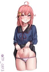 Rule 34 | 1girl, absurdres, ahoge, blue serafuku, blue shirt, blush, crescent, crescent hair ornament, hair ornament, hair ribbon, highres, kantai collection, long hair, long sleeves, looking at viewer, low-tied long hair, navel, panties, pink hair, pink panties, pleated skirt, red eyes, red hair, ribbon, sailor collar, school uniform, serafuku, shirt, skirt, smile, solo, striped clothes, striped panties, tf cafe, twitter username, underwear, uzuki (kancolle), very long hair