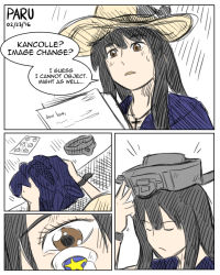 Rule 34 | 10s, 1girl, admiral paru, black hair, borrowed character, brown eyes, comic, dress, english text, eye contact, hat, headgear, iowa (kancolle), iowa (pacific), kantai collection, long hair, looking at another, mole, original, pacific (kancolle), sun hat, uss iowa (bb-61)