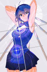 Rule 34 | 1girl, absurdres, armpits, arms up, black keys (type-moon), blue dress, blue eyes, blue hair, blue skirt, breasts, ciel (tsukihime), closed mouth, clothing cutout, commentary, dress, dual wielding, grey background, hair between eyes, highres, holding, holding sword, holding weapon, looking at viewer, medium breasts, miniskirt, powered ciel, serious, short hair, simple background, skirt, sleeveless, sleeveless dress, solo, sword, tsukihime, tsukihime (remake), weapon, xtango