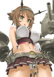Rule 34 | 10s, 1girl, :o, asanagi, bare shoulders, blush, body blush, breasts, brown hair, cannon, chain, collar, female focus, gloves, green eyes, hair ornament, headgear, kantai collection, large breasts, long image, looking at viewer, machinery, midriff, miniskirt, mutsu (kancolle), navel, open mouth, panties, pantyshot, personification, pleated skirt, short hair, simple background, skirt, solo, standing, tall image, thigh gap, thighs, turret, underwear, upskirt, white background, white gloves, white panties