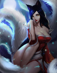 Rule 34 | 1girl, ahri (league of legends), animal ears, black hair, breasts, cleavage, detached sleeves, fox ears, fox tail, korean clothes, large breasts, league of legends, lipstick, long hair, makeup, mbguman, multiple tails, red lips, solo, tail, very long hair, yellow eyes
