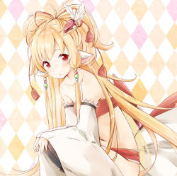 Rule 34 | 10s, 1girl, argyle, argyle background, argyle clothes, azuki (krps-hano), bandeau, bare shoulders, beads, black thighhighs, blonde hair, blush, breasts, collarbone, detached sleeves, feather hair ornament, feathers, granblue fantasy, hair beads, hair ornament, harvin, long hair, looking at viewer, mahira (granblue fantasy), manatsuki manata, navel, parted lips, red eyes, small breasts, solo, squatting, thighhighs, very long hair, wide sleeves