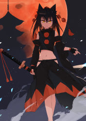Rule 34 | 1girl, absurdres, alternate color, animal ears, bare legs, bare shoulders, black skirt, black sleeves, black vest, closed mouth, commentary request, detached sleeves, fingerless gloves, foot out of frame, gloves, hat, highres, inubashiri momiji, kakaricho dairi, katana, leaf, long sleeves, maple leaf, midriff, multicolored clothes, multicolored skirt, navel, pointing, pom pom (clothes), red hat, red skirt, short hair, skirt, smile, solo, standing, stomach, sword, tail, tassel, tokin hat, touhou, turtleneck, vest, weapon, wide sleeves, wolf ears, wolf tail, yellow eyes