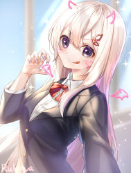 Rule 34 | 1girl, :q, artist name, black jacket, blazer, blurry, blurry background, blush, bow, breasts, claw pose, closed mouth, collared shirt, commentary request, depth of field, detached wings, drawn horns, drawn whiskers, drawn wings, dress shirt, echidna (re:zero), hair between eyes, hair ornament, hand up, highres, jacket, long hair, mini wings, nail polish, purple eyes, purple nails, re:zero kara hajimeru isekai seikatsu, red bow, rukinya (nyanko mogumogu), school uniform, shirt, signature, silver hair, small breasts, smile, solo, sparkle, tongue, tongue out, upper body, very long hair, white shirt, window, wings
