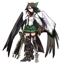 Rule 34 | 1girl, adapted costume, arm cannon, arms at sides, asymmetrical footwear, bird wings, black thighhighs, black wings, bow, brown eyes, brown hair, cape, closed mouth, feathered wings, full body, green bow, green skirt, hair between eyes, hair bow, highres, long hair, looking at viewer, armored boots, miniskirt, mismatched footwear, reiuji utsuho, shirt, shukusuri, simple background, skirt, smile, solo, standing, starry sky print, thighhighs, third eye, touhou, weapon, white background, white cape, white shirt, wings, zettai ryouiki