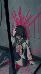 Rule 34 | 1girl, :d, against wall, black hair, black thighhighs, blood, blood on clothes, blood splatter, blue hair, breasts, character name, collarbone, commentary request, danganronpa: trigger happy havoc, danganronpa (series), grey shirt, hair ornament, hairclip, hand on own head, hand up, highres, injury, iumi urura, knees up, laughing, long hair, long sleeves, maizono sayaka, medium breasts, open mouth, pink blood, sailor collar, school uniform, shaded face, shirt, sitting, skirt, smile, solo, spoilers, stab, thighhighs