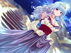 Rule 34 | 1girl, bracelet, breasts, bursting breasts, cleavage, clothes lift, dress, dutch angle, elbow gloves, full moon, gloves, idolmaster, idolmaster (classic), jewelry, large breasts, long hair, lots of jewelry, moon, night, oretoreon, red eyes, ring, shijou takane, silver hair, skirt, skirt lift, smile, solo, stairs, tiara, wavy hair