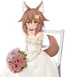 Rule 34 | 1girl, absurdres, animal ear fluff, animal ears, bare shoulders, blush, bouquet, brown hair, closed mouth, dress, female focus, flower, gloves, green eyes, highres, holding, holding bouquet, indie virtual youtuber, looking at viewer, nekoname tuna, short hair, smile, solo, tail, upper body, virtual youtuber, wedding dress, white dress, white gloves, yakihebi