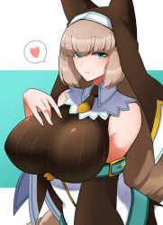 Rule 34 | 1girl, akira (ysfp7542), animal ears, bare shoulders, blush, bombergirl, breasts, brown hair, dress, green eyes, highres, huge breasts, large breasts, long hair, looking at viewer, nun, ribbed sweater, sepia belmont, simple background, smile, solo, sweater, very long hair