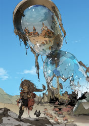 Rule 34 | 1girl, animal, artist name, backlighting, backpack, bag, blue sky, boots, braid, broken glass, building, city, day, demizu posuka, desert, glass, grey eyes, grey hair, highres, hill, holding strap, hourglass, house, long hair, looking to the side, mountainous horizon, original, outdoors, oversized object, sand, shorts, single braid, sky, spire, village, walking, wind