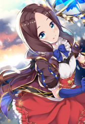 Rule 34 | 1girl, :p, blue eyes, blue gloves, breasts, brown hair, closed mouth, cloud, commentary request, elbow gloves, fate/grand order, fate (series), forehead, gloves, highres, hitsujibane shinobu, leonardo da vinci (fate), leonardo da vinci (fate/grand order), leonardo da vinci (rider) (fate), long hair, long sleeves, outdoors, parted bangs, puff and slash sleeves, puffy long sleeves, puffy sleeves, red skirt, skirt, sky, small breasts, smile, solo, staff, star (symbol), sunset, tongue, tongue out, very long hair