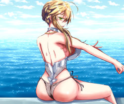 Rule 34 | 1girl, ahoge, artist request, artoria pendragon (all), artoria pendragon (fate), artoria pendragon (swimsuit ruler) (fate), artoria pendragon (swimsuit ruler) (second ascension) (fate), ass, bare shoulders, bikini, blonde hair, breasts, fate/grand order, fate (series), from behind, green eyes, hair bun, large breasts, long hair, looking at viewer, looking back, shiny skin, sideboob, single hair bun, smile, solo, swimsuit