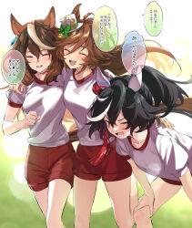 Rule 34 | 3girls, ^ ^, ahoge, animal ears, arm around shoulder, bent over, black hair, blush, breasts, brown hair, clenched hand, closed eyes, ear covers, feet out of frame, hair ornament, hairclip, hand on another&#039;s back, hat, horse ears, horse girl, horse tail, katsuragi ace (umamusume), long hair, mini hat, mini top hat, misu kasumi, mr. c.b. (umamusume), multicolored hair, multiple girls, open mouth, ponytail, red shorts, shirt, short hair, shorts, small breasts, smile, speech bubble, streaked hair, sweat, symboli rudolf (umamusume), tail, top hat, translation request, umamusume, walking, white shirt
