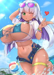 Rule 34 | 1girl, ball, beachball, bikini, bikini under clothes, blush, bracelet, breasts, chiroshiron, choker, cleavage, clover, commission, crop top, flower-shaped pupils, four-leaf clover, green eyes, grey hair, heart, highres, huge breasts, jewelry, lipstick, long hair, makeup, multicolored hair, navel, ocean, one eye closed, open fly, original, purple hair, shorts, side-tie bikini bottom, sky, solo, star (symbol), sunglasses, swimsuit, symbol-shaped pupils, tan, thigh strap, two-tone hair, underboob, water, wet, white hair, wink