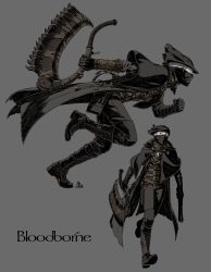 Rule 34 | 1boy, absurdres, arm behind back, armored boots, arms at sides, bent over, black capelet, black footwear, black gloves, black headwear, black pants, bloodborne, boots, brown coat, capelet, clenched hand, coat, commentary request, from side, full body, gloves, grey background, grey hair, gun, hat, highres, holding, holding gun, holding weapon, hunter (bloodborne), kamezaemon, leg up, long sleeves, male focus, mask, mouth mask, multiple views, pants, running, saw, saw cleaver, short hair, simple background, tricorne, very short hair, weapon