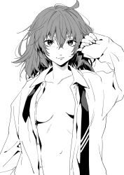 Rule 34 | 1girl, breasts, cleavage, closed mouth, collarbone, collared shirt, dress shirt, fate/grand order, fate (series), fujimaru ritsuka (female), greyscale, hair between eyes, highres, long hair, long sleeves, looking at viewer, medium breasts, monochrome, open clothes, open shirt, shirt, sleeves past wrists, smile, solo, uni (nico02), upper body, wing collar