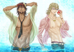 Rule 34 | 2boys, abs, absurdres, animal print, apple, armpit hair, armpits, bad id, bad pixiv id, barnaby brooks jr., belt, black necktie, blonde hair, bracelet, brown eyes, brown hair, buckle, cabbie hat, collarbone, copyright name, facial hair, food, fruit, glasses, glint, green eyes, hands on own head, hat, highres, hiramayu, holding, holding food, holding fruit, jewelry, kaburagi t. kotetsu, long sleeves, looking at viewer, loose necktie, male focus, male pubic hair, male swimwear, manly, multiple boys, necklace, necktie, nipples, one eye closed, open clothes, open fly, open shirt, parody, parted lips, pectorals, print male swimwear, print swimsuit, pubic hair, pubic hair peek, see-through, shirt, short hair, side-by-side, stubble, studded belt, sweat, swimsuit, swimsuit under clothes, teeth, thong, tiger &amp; bunny, tiger print, toned, topless male, unzipped, wading, watch, water, wet, wet clothes, wet shirt, wink, wristband, wristwatch
