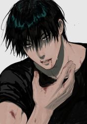 Rule 34 | 1boy, absurdres, black hair, black shirt, bleeding, blood, blood from mouth, blood on hands, fingernails, fushiguro touji, green eyes, hand up, highres, jujutsu kaisen, li chestnuts, looking to the side, male focus, mature male, muscular, muscular male, scar, scar on face, scar on mouth, shirt, short hair, short sleeves, simple background, solo, sweat, upper body, veins, veiny hands