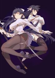 Rule 34 | 2girls, ass, atago (azur lane), azur lane, black footwear, black hair, black legwear, blunt bangs, blush, breasts, brown eyes, buttons, closed mouth, double-breasted, finger to mouth, from below, full body, garter straps, gradient background, hair ribbon, highres, holding, holding sword, holding weapon, katana, large breasts, legs, loafers, long hair, long sleeves, looking at viewer, looking down, military, military uniform, miniskirt, multiple girls, panties, panties under pantyhose, pantyhose, pencil skirt, pinky to mouth, profile, purple background, red cucumber, ribbon, sheath, sheathed, shoes, skirt, sword, takao (azur lane), thighband pantyhose, thighhighs, tongue, tongue out, tsurime, underwear, uniform, unsheathed, upskirt, very long hair, weapon, white panties, white ribbon, white skirt, zettai ryouiki
