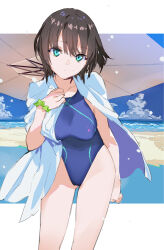 Rule 34 | 1girl, aoi erika, beach, black hair, blue one-piece swimsuit, blue sky, breasts, cape, cloud, cloudy sky, collarbone, green eyes, heaven burns red, highleg, ivy, large breasts, looking at viewer, medium hair, ocean, one-piece swimsuit, sky, solo, swimsuit, white cape, wristband, yuugen