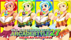Rule 34 | 4girls, :&lt;, :d, bishi bashi (series), bishi bashi channel, blonde hair, blue eyes, blue hair, blue nails, blue skirt, blush, breasts, brown eyes, cellphone, cheerleader, cheerleader blue, cheerleader green, cheerleader red, cheerleader yellow, cleavage, closed mouth, comiket 94, commentary request, cowboy shot, crop top, expressionless, green eyes, green hair, green hairband, green nails, green skirt, grin, hairband, holding, holding phone, large breasts, looking at viewer, midriff, miniskirt, multiple girls, nail polish, navel, open mouth, orange shirt, orange skirt, osamu yagi, phone, pink hair, pink hairband, pink nails, red eyes, red skirt, shirt, short hair, skirt, smartphone, smile, translation request, white shirt, yellow hairband, yellow nails