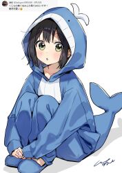 Rule 34 | 1girl, animal costume, animal hood, aoi saki (senpai wa otokonoko), black hair, blue footwear, collarbone, commentary request, fake tail, flat chest, full body, green eyes, highres, hood, hugging own legs, looking at viewer, onesie, open mouth, own hands together, pomu (joynet), request inset, sandals, senpai wa otokonoko, short hair, simple background, sitting, sleeves past wrists, solo, tail, translation request, whale costume, white background, wispy bangs