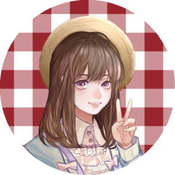 Rule 34 | 1girl, bad id, bad pixiv id, blue jacket, brown hair, checkered background, dress, ez 1011, hat, jacket, long hair, long sleeves, looking at viewer, parted lips, portrait, purple eyes, red background, smile, solo, straw hat, v, white dress